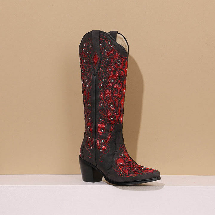 Femme Dekoreret Western Stiletto Knælange Støvler Stilla