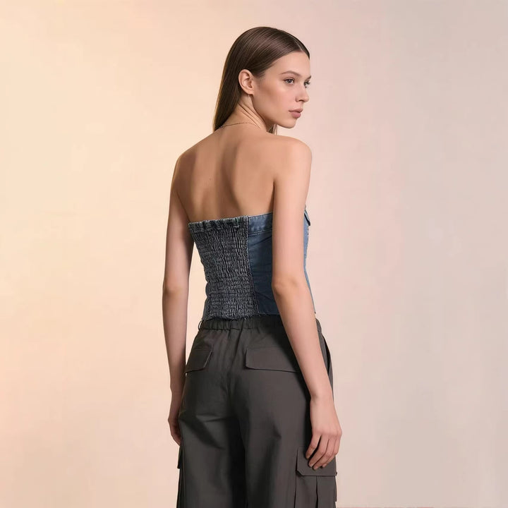 Dame Denim Bustier-top med knapdetalje og frynser Skovae