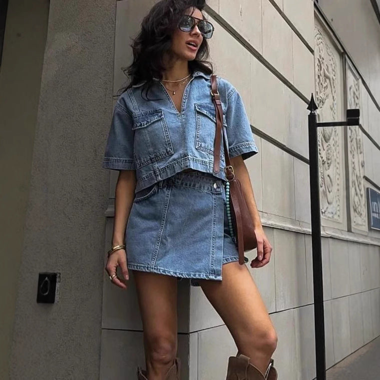 Dame moderigtigt denim kort top og nederdel sæt Skovae