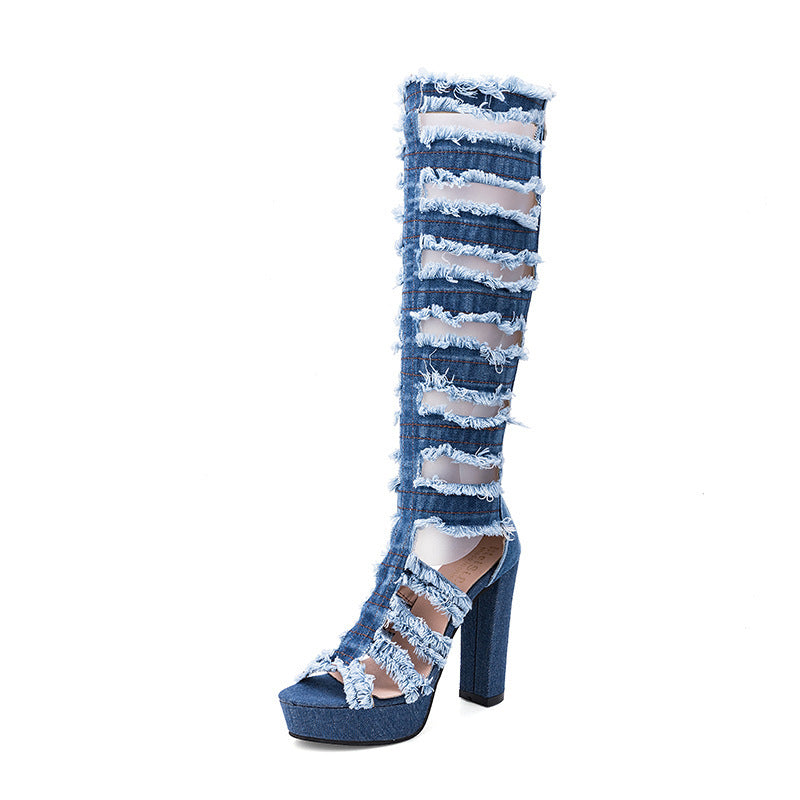 Dame Overknee-støvler med trendy denim-design og stilfuld cut-out-stil Stilla