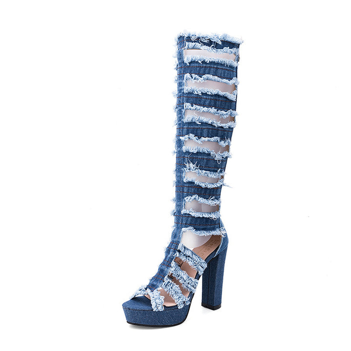 Dame Overknee-støvler med trendy denim-design og stilfuld cut-out-stil Stilla