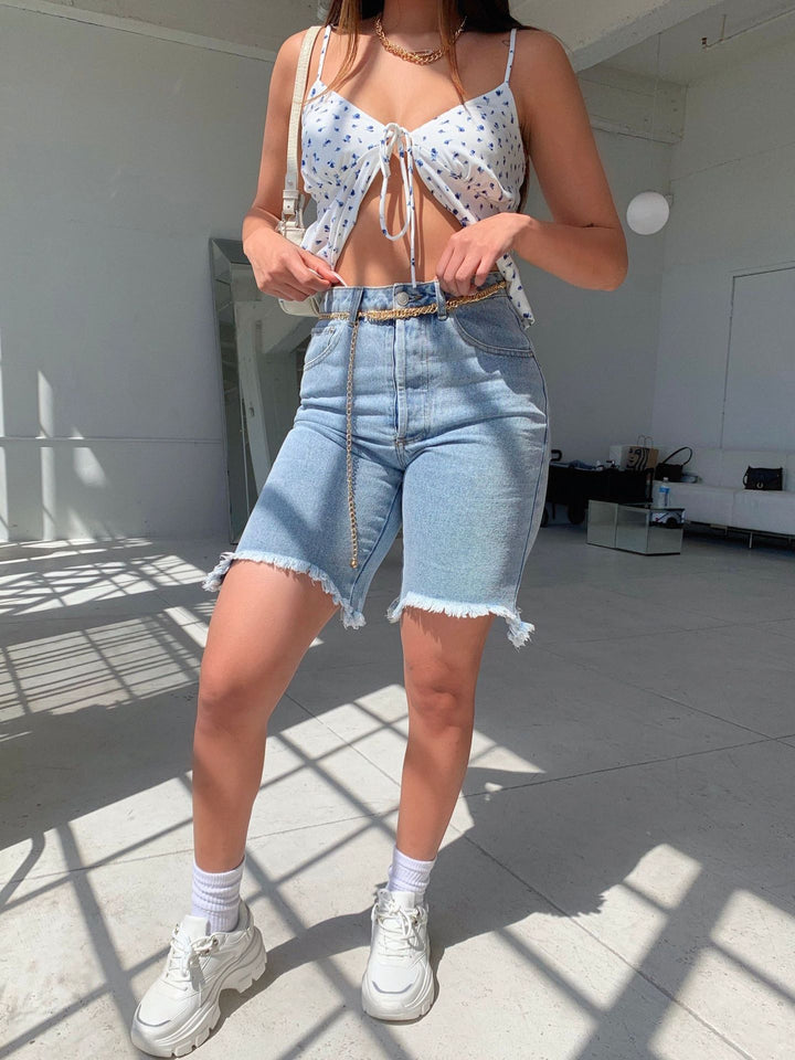 Dame Løse Denim Shorts med frynset kanter og høj talje Stilla