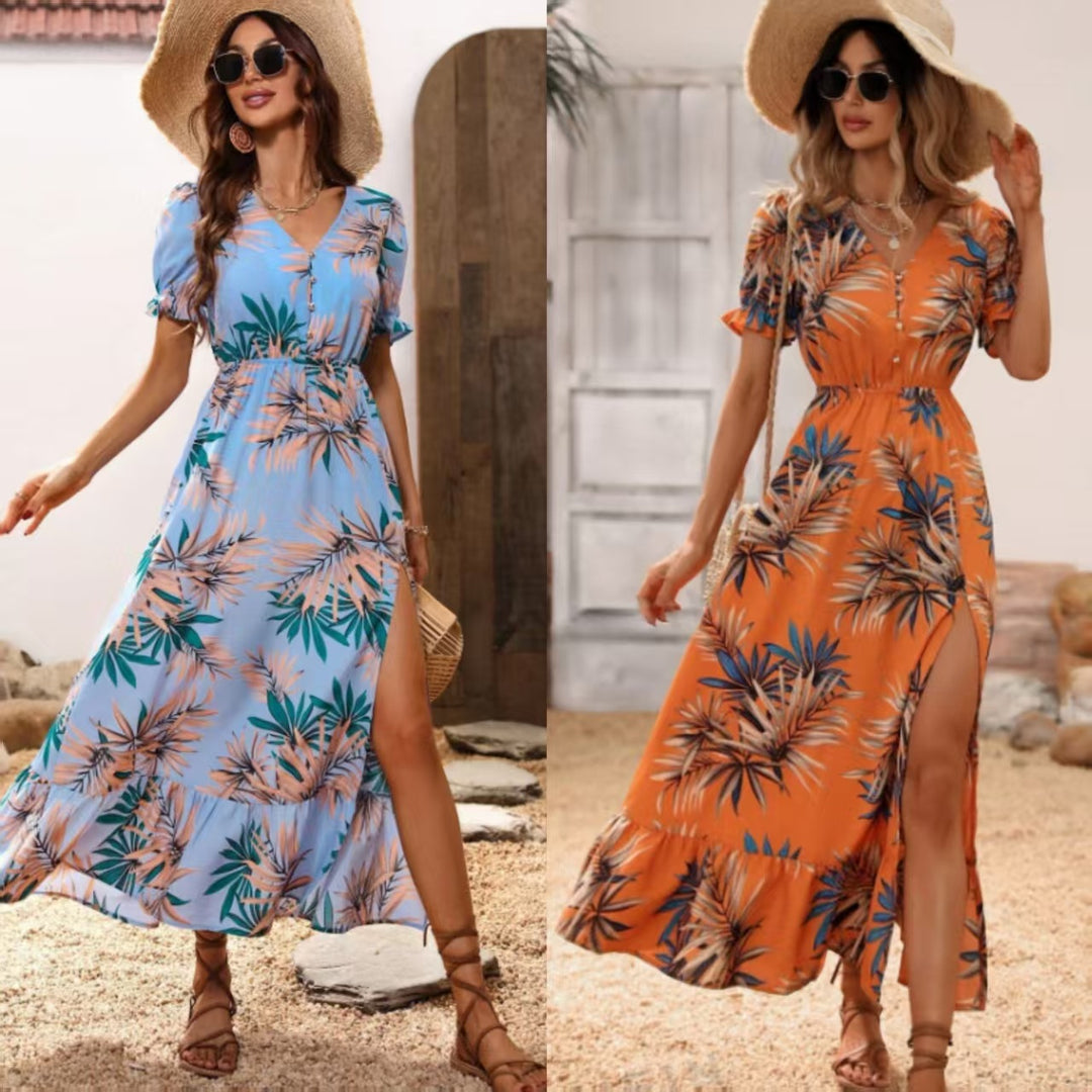 Dame maxikjole med blomsterdesign og sidelits Stilla