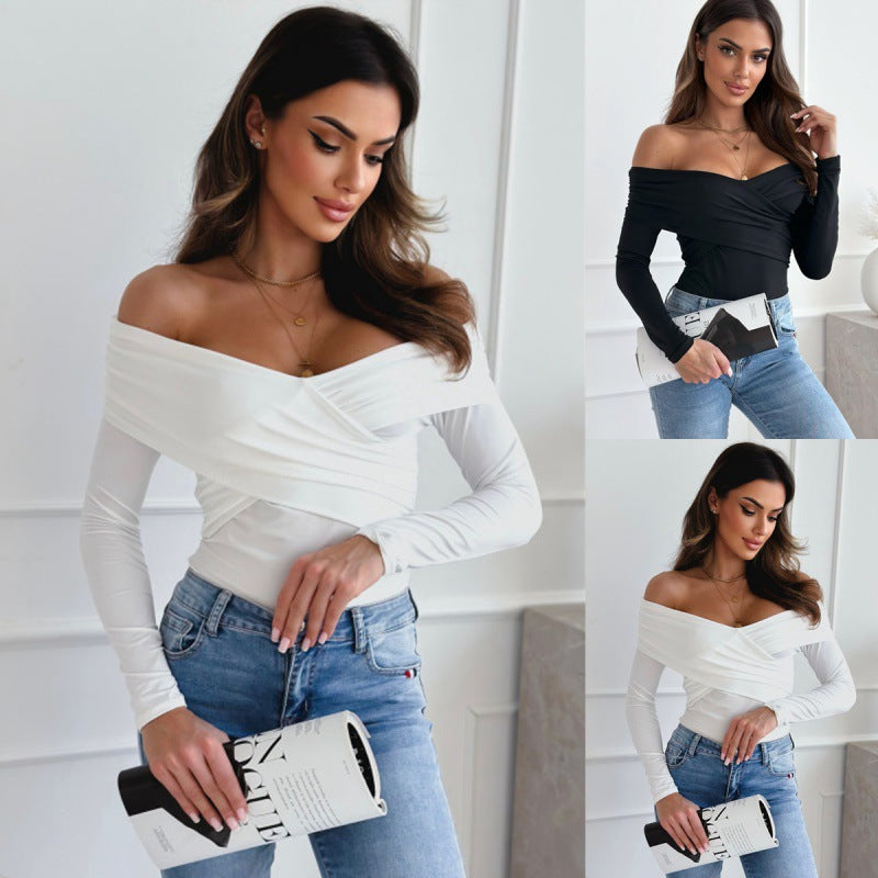 Dame Off-Shoulder Rynket Langærmet Top Stilla