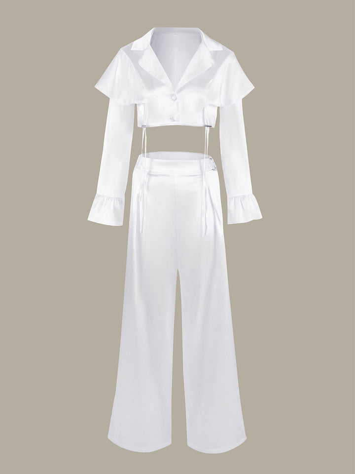 Dameensemble med figursyet crop-top og elegant højhvidt bukser Stilla