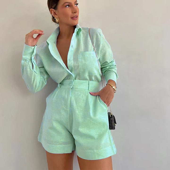 Dame Elegant Linnedragt med Skjorte og Shorts Stilla