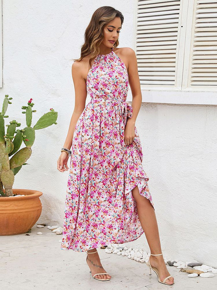 Dame Floral Halter Maxikjole med justerbart taljebånd Stilla