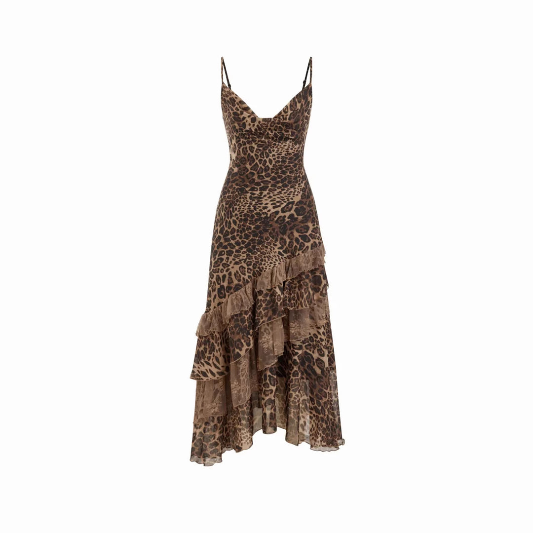 Dame elegant midi kjole med asymmetrisk flæse og dyreprint Skovae