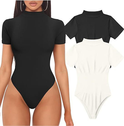 Dame kortærmet bodysuit med høj hals og tætsiddende snit Stilla