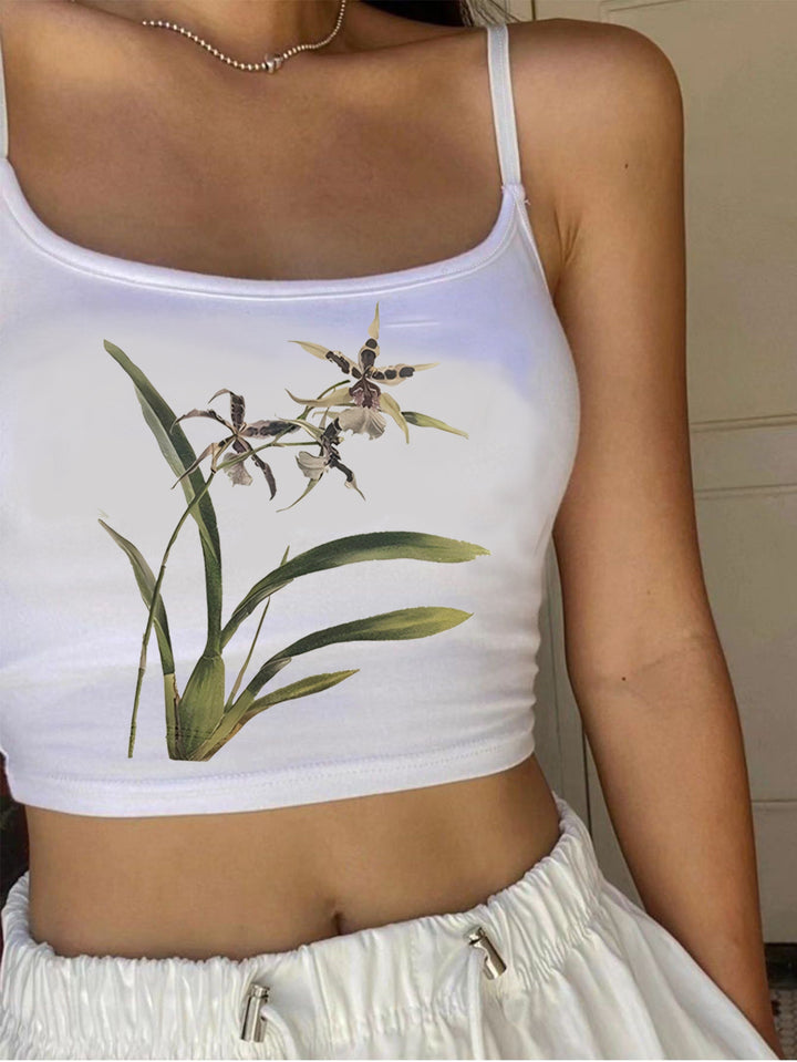Dame Crop-Top med blomsterdesign og smalle stropper Skovae