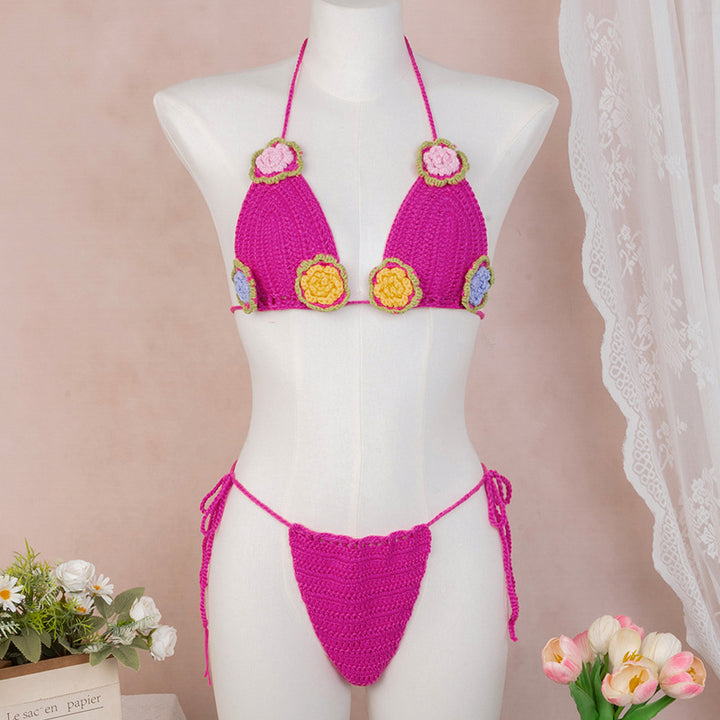 Dame hækle-bikini med legende blomsterdesign og justerbare bånd Skovae