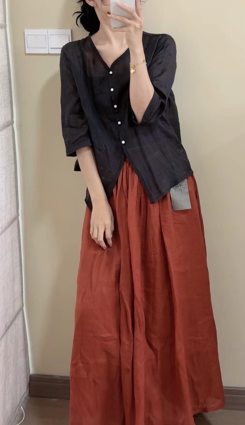 Femme Trekvart-ærme Button-Up Linned Top Stilla