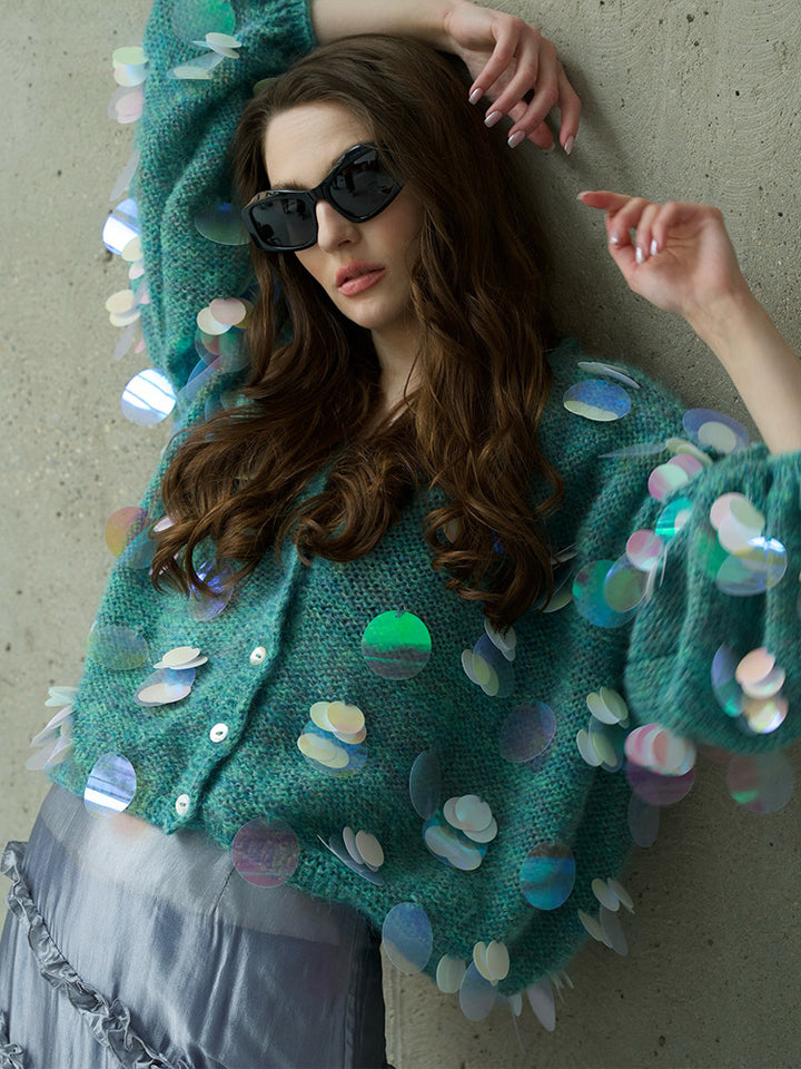 Dame Fuzzy Cardigan med holografiske accenter Stilla