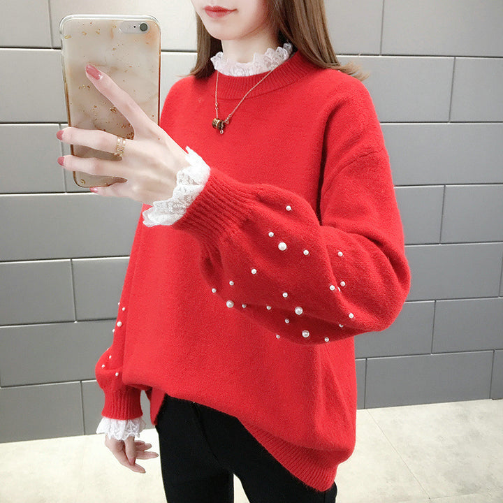 Dame trendy strikpullover med perledetaljer og voluminøse ærmer Stilla