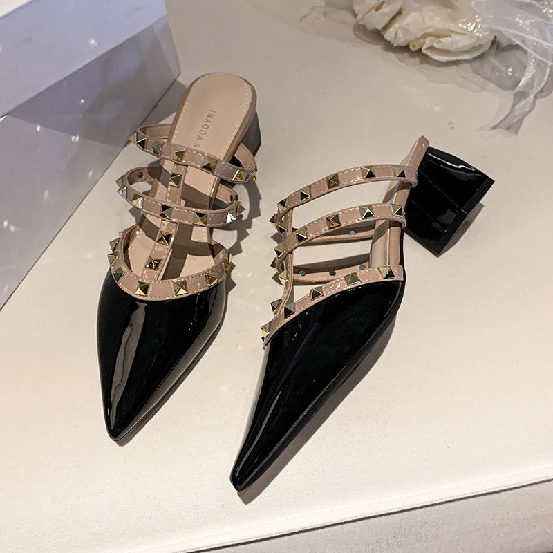 Dame Chunky Heel Slide Mules med dekorative nitter Stilla
