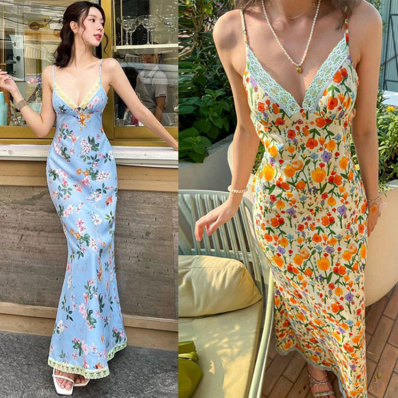 Dame Floral Print Maxi Slip Kjole med Spids Trim Stilla