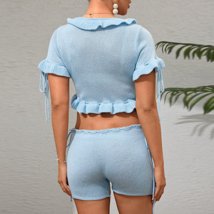 Dame Rynke Strik Crop Top og Shorts Sæt Stilla