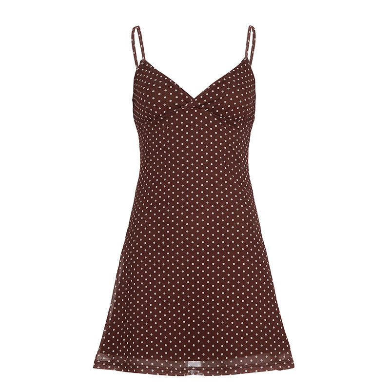 Damen süßes Spaghettiträger-Kleid mit Punktmuster und fließendem Schnitt Skovae