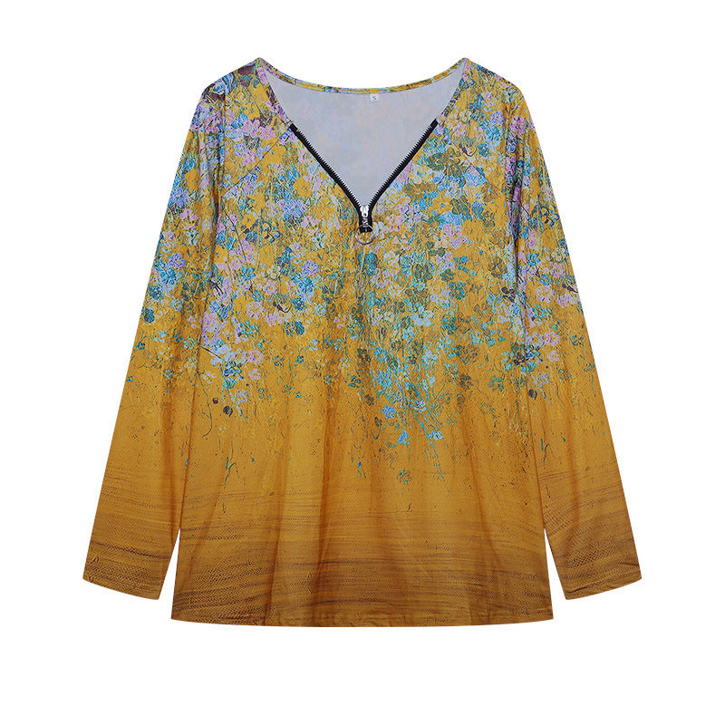 Dame Langarm Kunstnerisk Floral Tryktop Stilla