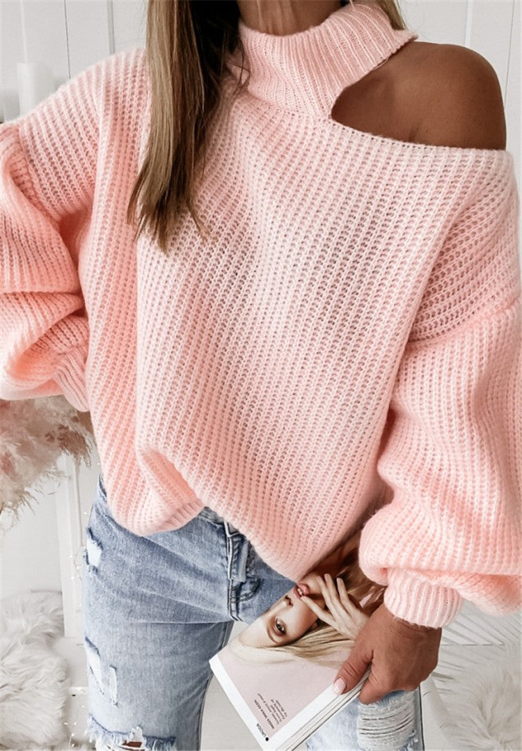 Dame afslappet strikpullover med asymmetrisk skulderdesign og høj krave Stilla