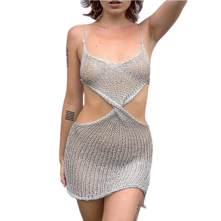 Dame strikkjole med sidede cut-outs og fint netdesign Stilla