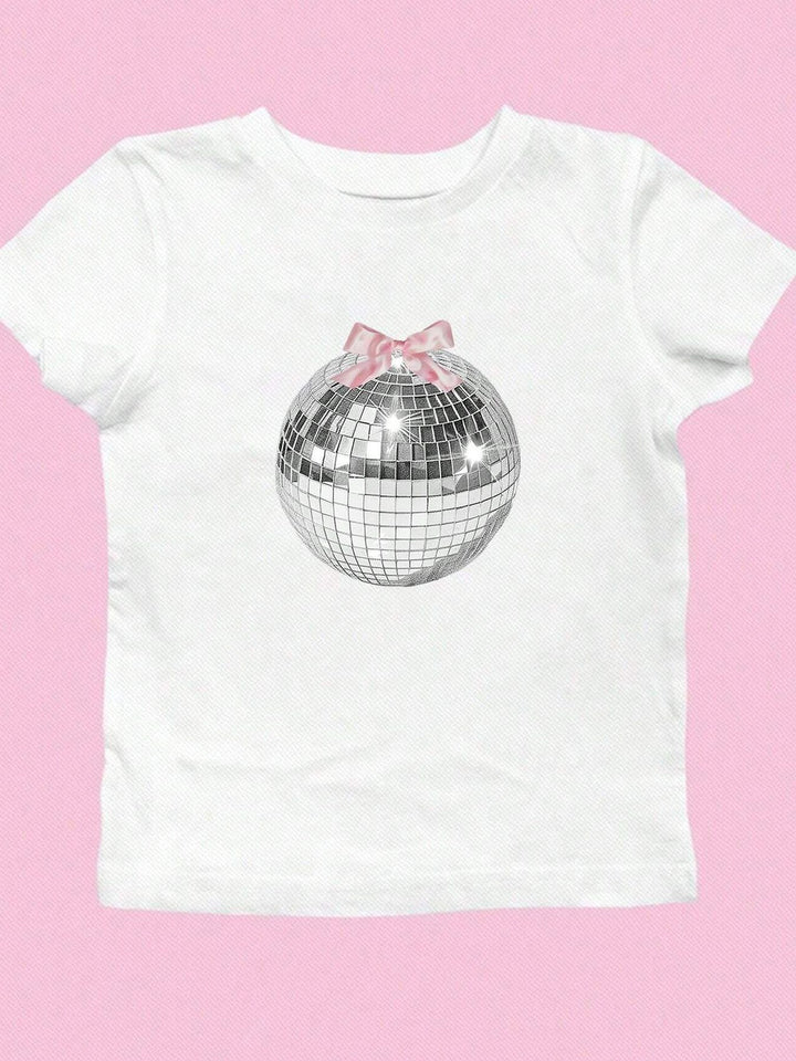 Dame T-shirt med glitrende diskokuglemotiv og tidssvarende sløjfedetalje Skovae