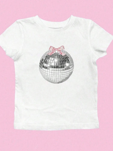Dame T-shirt med glitrende diskokuglemotiv og tidssvarende sløjfedetalje Skovae