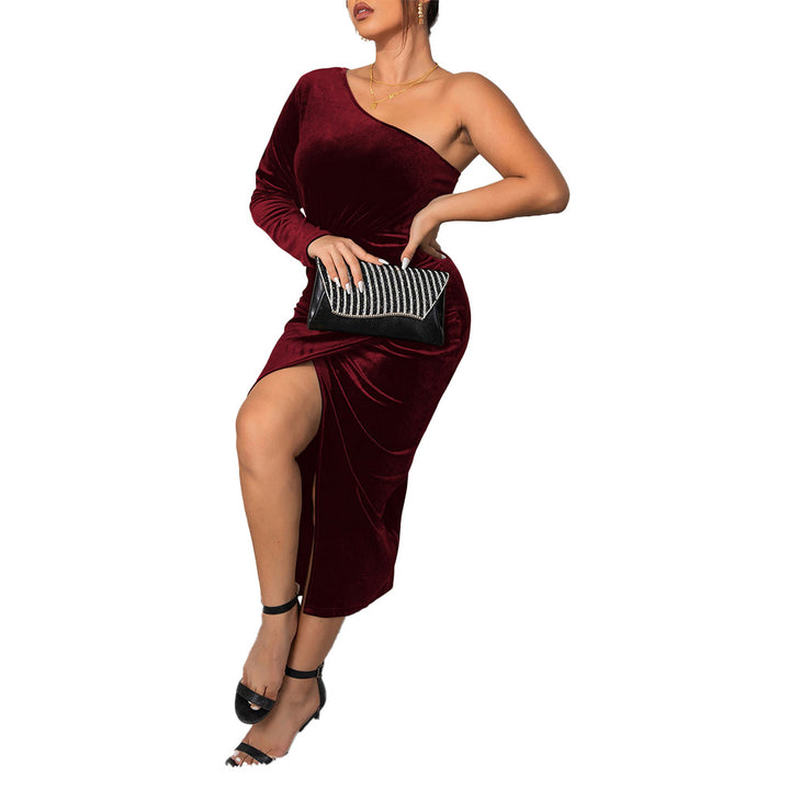 Dame Elegant One-Shoulder Aftenkjole med Side-slids og skinnende Samt Skovae