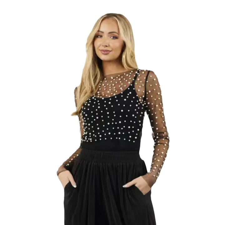 Damer transparent tyl bluse med perleudsmykning Stilla