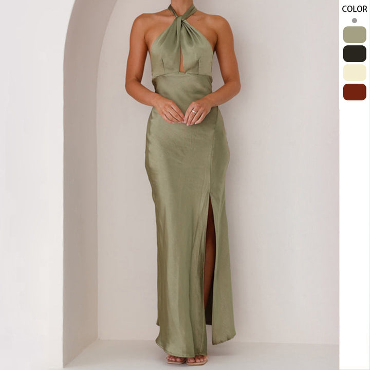 Kvinders halterneck maxi kjole med sideslids og glitrende stof Stilla