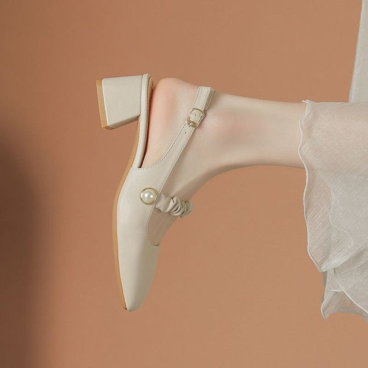Dame elegante Slingback-pumper med moderne perlepynt og lav blokhæl Stilla