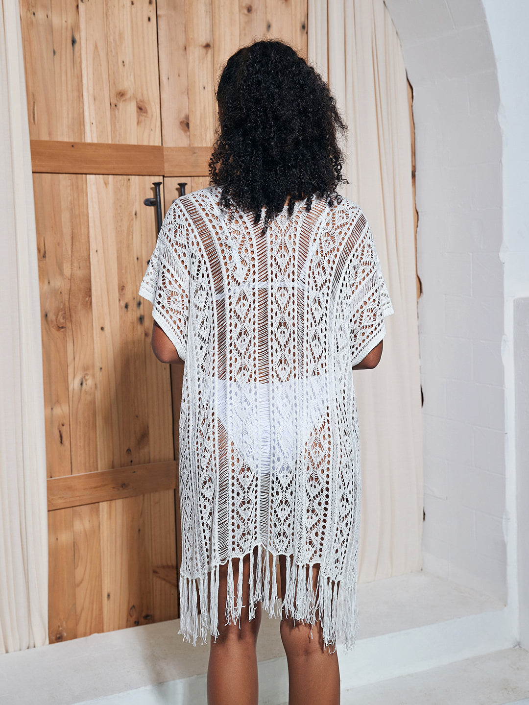 Dame Hækle-Kimono med frynser og filigran design Stilla
