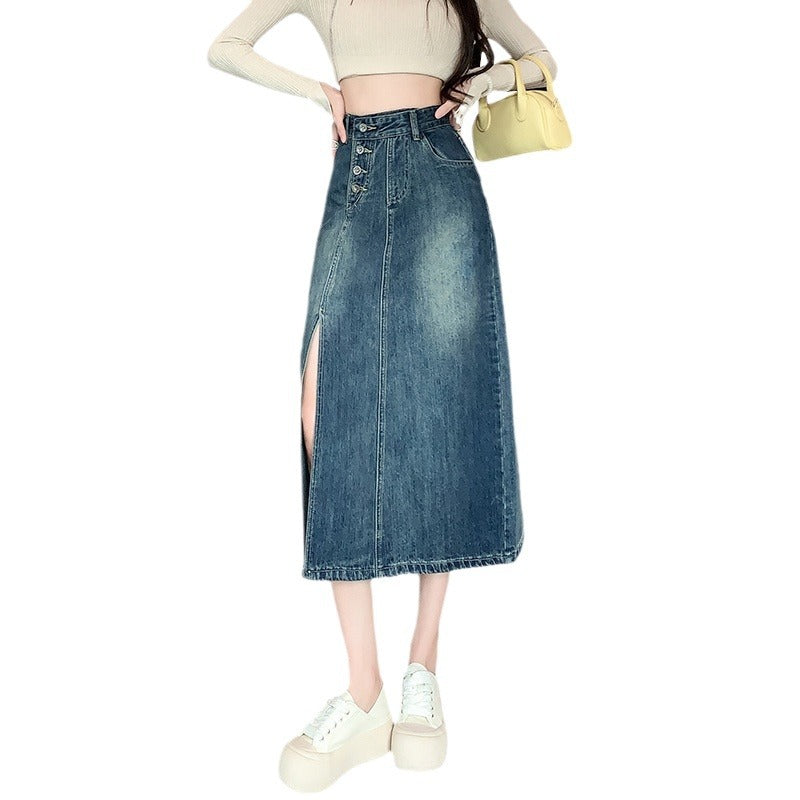 Kvinder Lang Denim Nederdel med Front Split Stilla