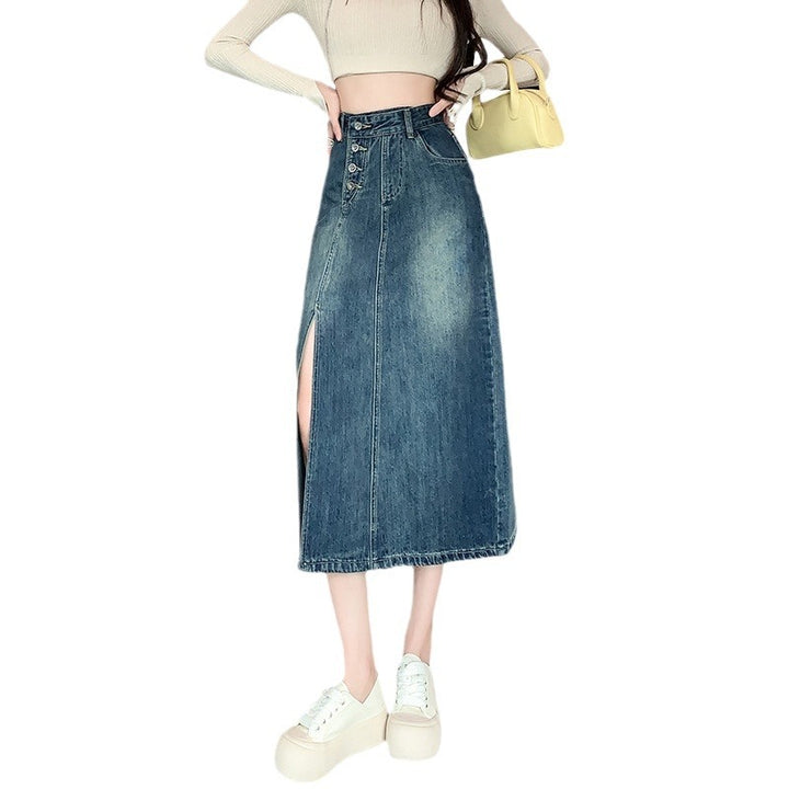 Kvinder Lang Denim Nederdel med Front Split Stilla
