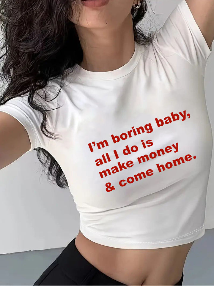Dame Crop-T-Shirt med kreativt motiv og tætsiddende snit Skovae