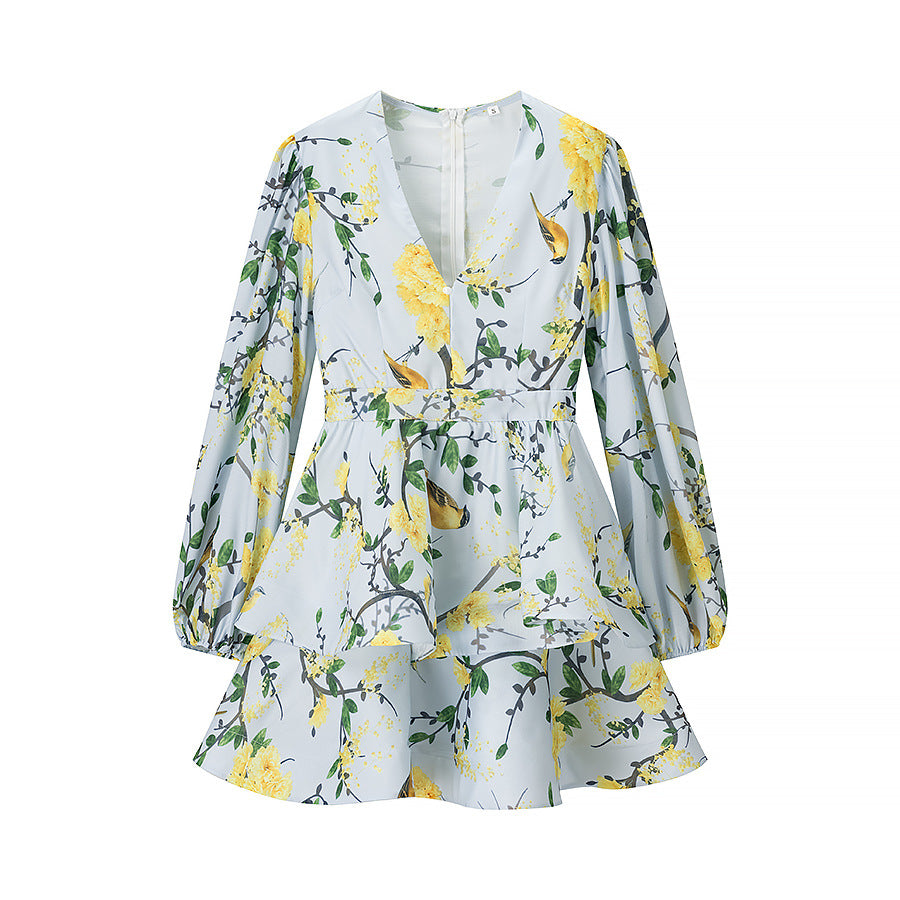 Dame Floral Print Wrap Mini Kjole med Flæsekanter Stilla