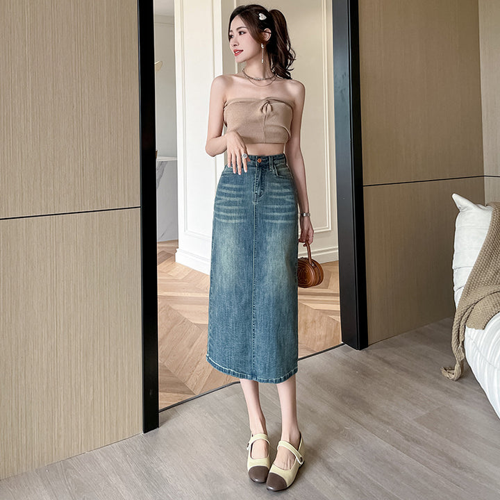 Damer Lang Denim Nederdel med Front Slids Stilla