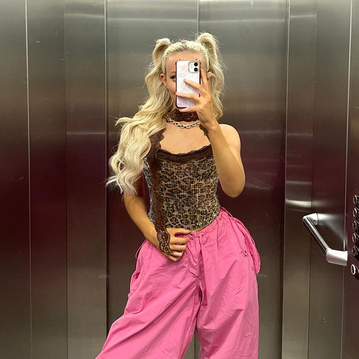 Dame Glitrende Leopard-Bustier-Top med Rüschendetaljer og justerbar bøjle Stilla