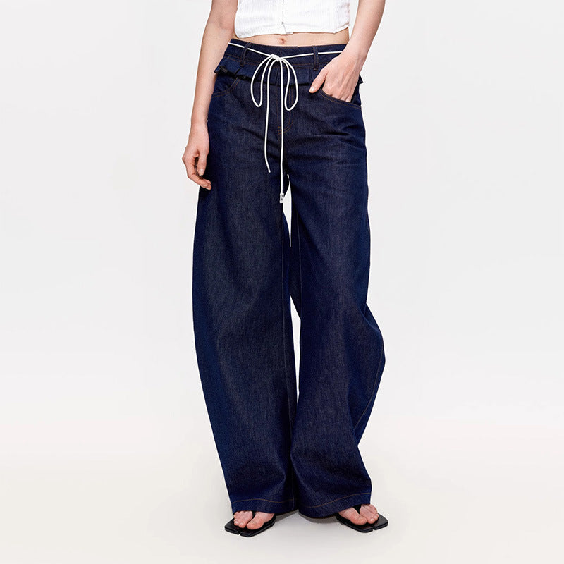 Kvinder brede denim bukser med høj talje og stilfulde plisseringer.