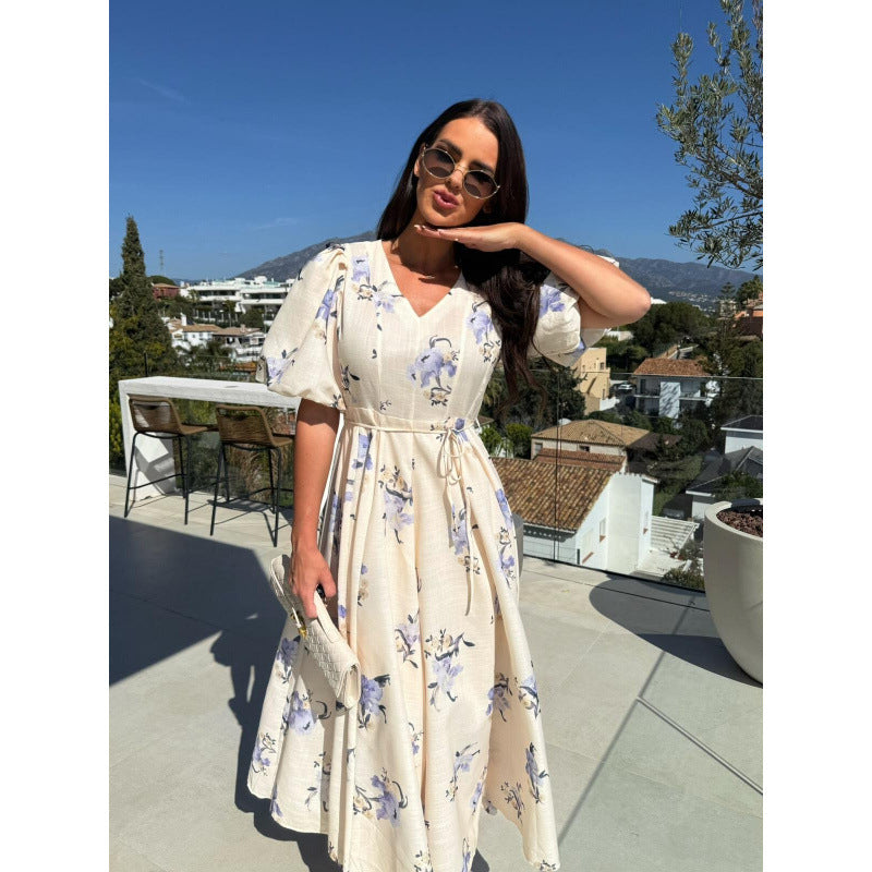 Dame Floral Print Maxi Kjole med Puffærmer Stilla