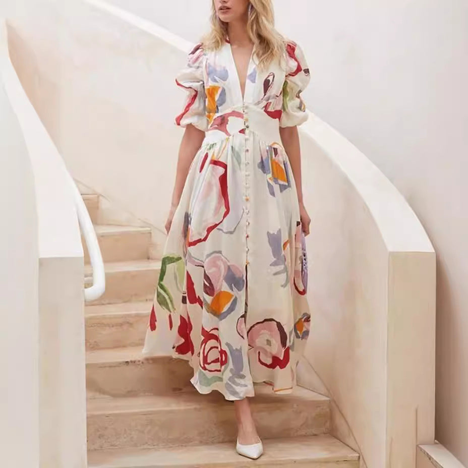 Dame Floral Maxikjole med ballonærmer og knaplukning Stilla