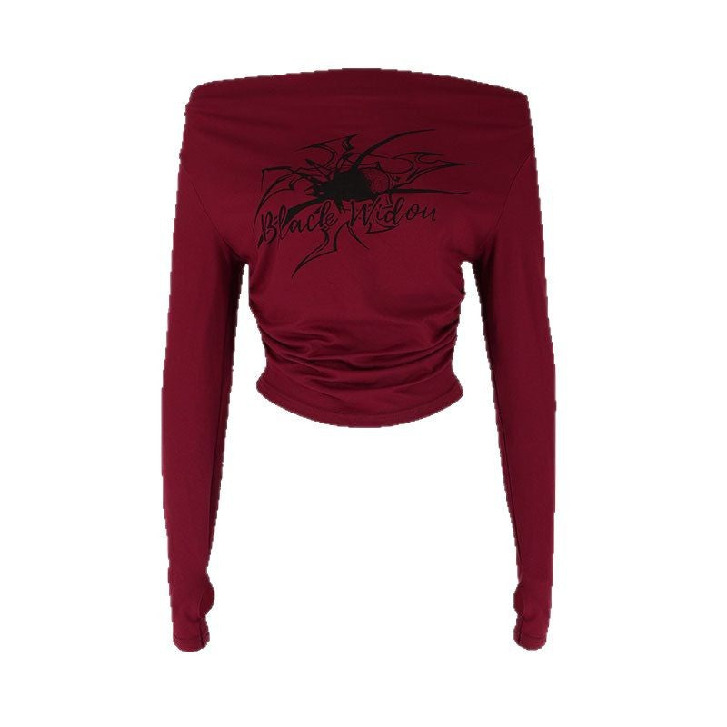 Dame cropped langærmet skjorte med off-shoulder design og innovativ batiktryk Skovae