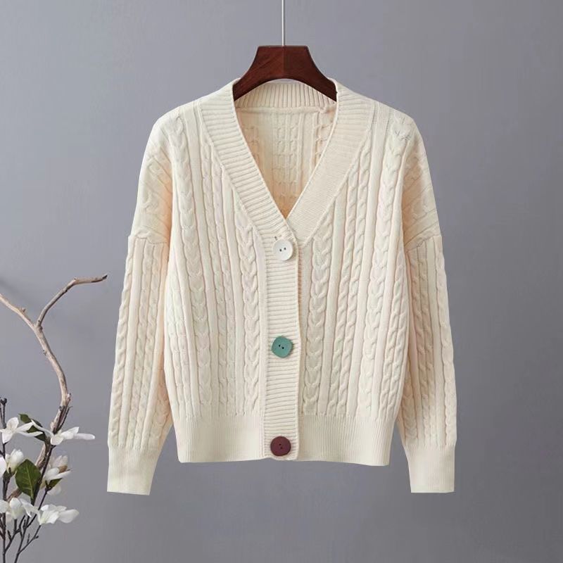 Kvinders chunky strik cardigan med V-hals og dekorative knapper Stilla