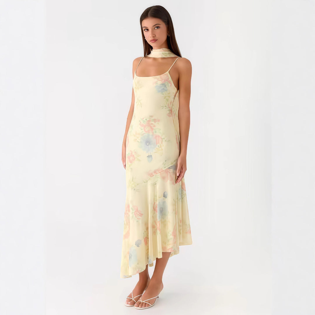 Kvinders elegante maxi kjole med blomster chiffon design og halter hals