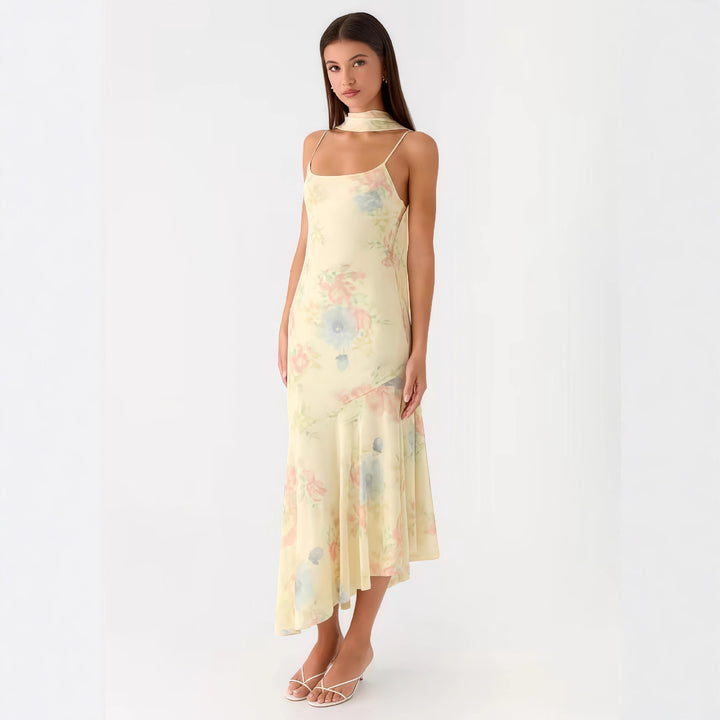 Kvinders elegante maxi kjole med blomster chiffon design og halter hals
