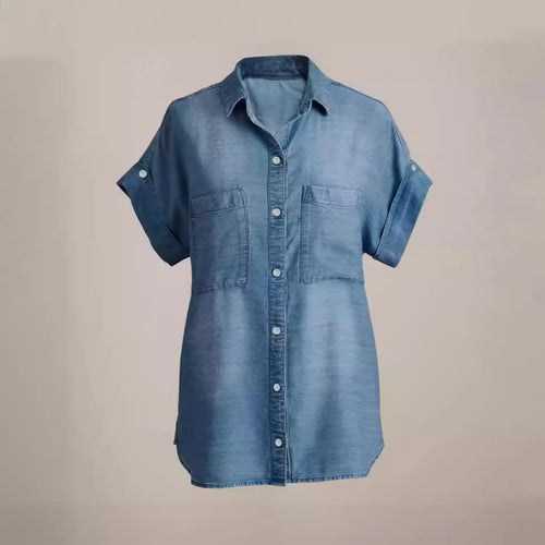 Dame Løst Denim-Skorte med praktiske Lommer Stilla