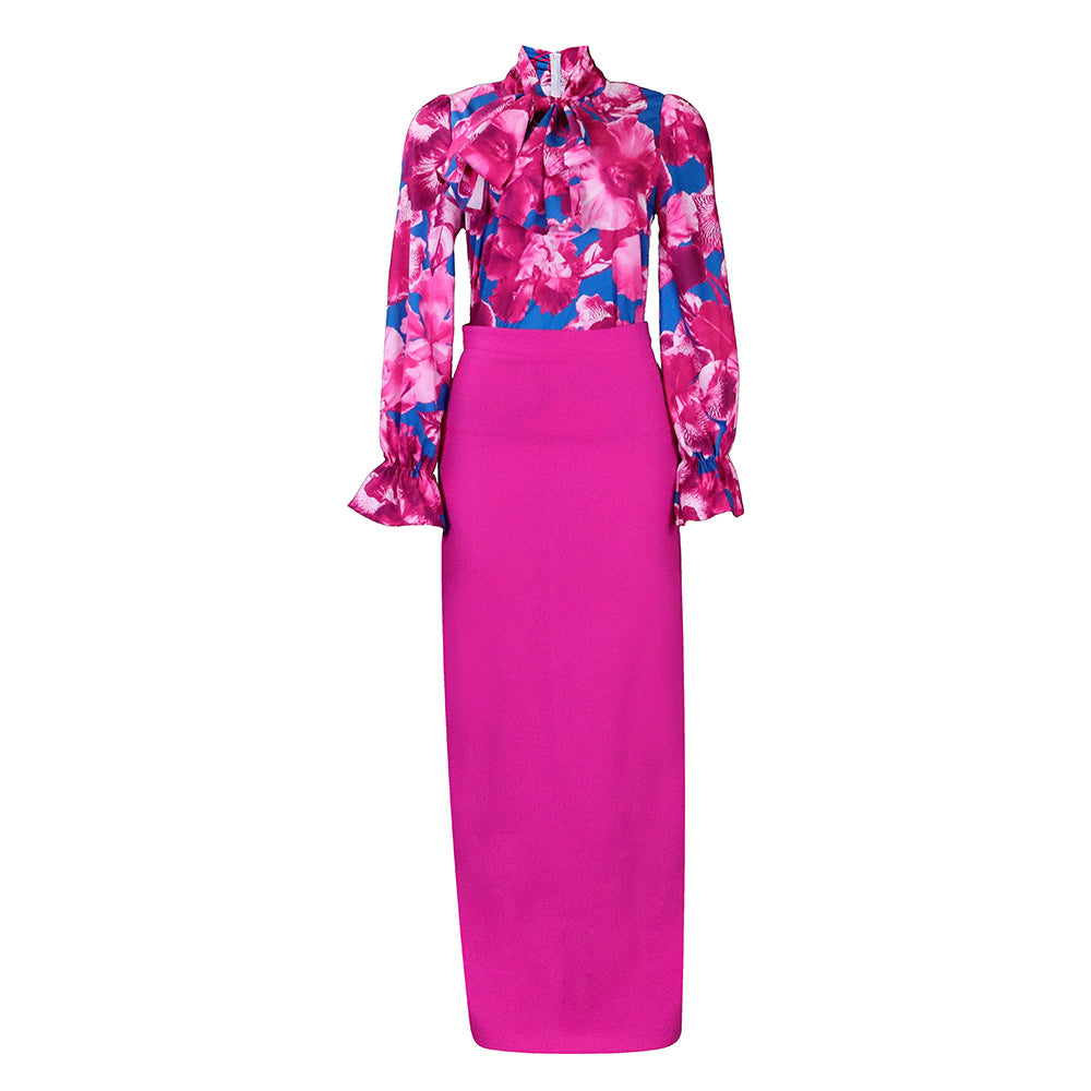 Dame Elegant bluse sæt med blomster mønster og tætsiddende midiskørt Stilla
