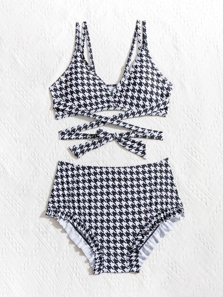 Dame Bikini-sæt med stilfuldt houndstooth mønster og komfortabel pasform Stilla