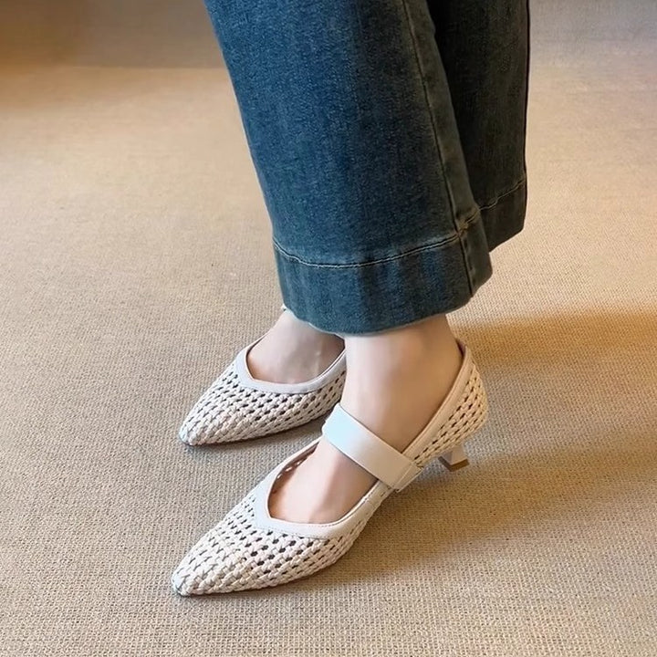 Dame Woven Spids Tå Mary Jane Flats med justerbar rem Stilla