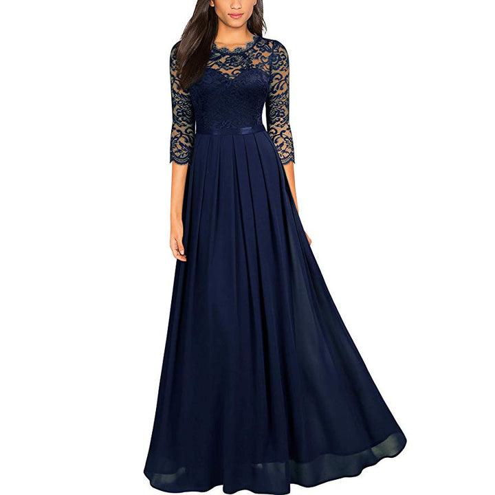 Dame Elegant Maxikjole med Spidsoberdel og Vid Skørt Stilla